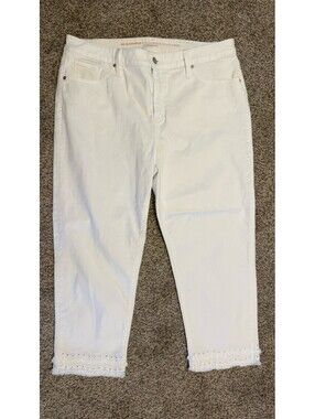 Chicos Girlfriend Slim Leg Crop Womens 14 White Denim Fringed Embroidered Hem